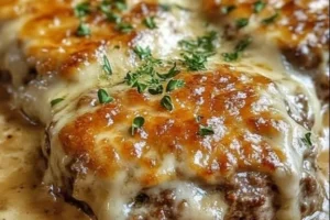 Amish Hamburger Steak Bake topped with gravy and served with vegetables