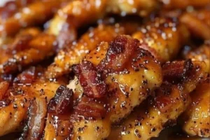 Bacon Brown Sugar Chicken Tenders served with a side of dipping sauce.