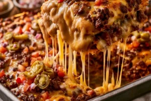 Delicious bacon cheeseburger lasagna topped with melted cheese and crispy bacon