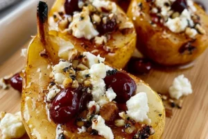 Baked pears with feta, honey, and cranberries on a serving plate