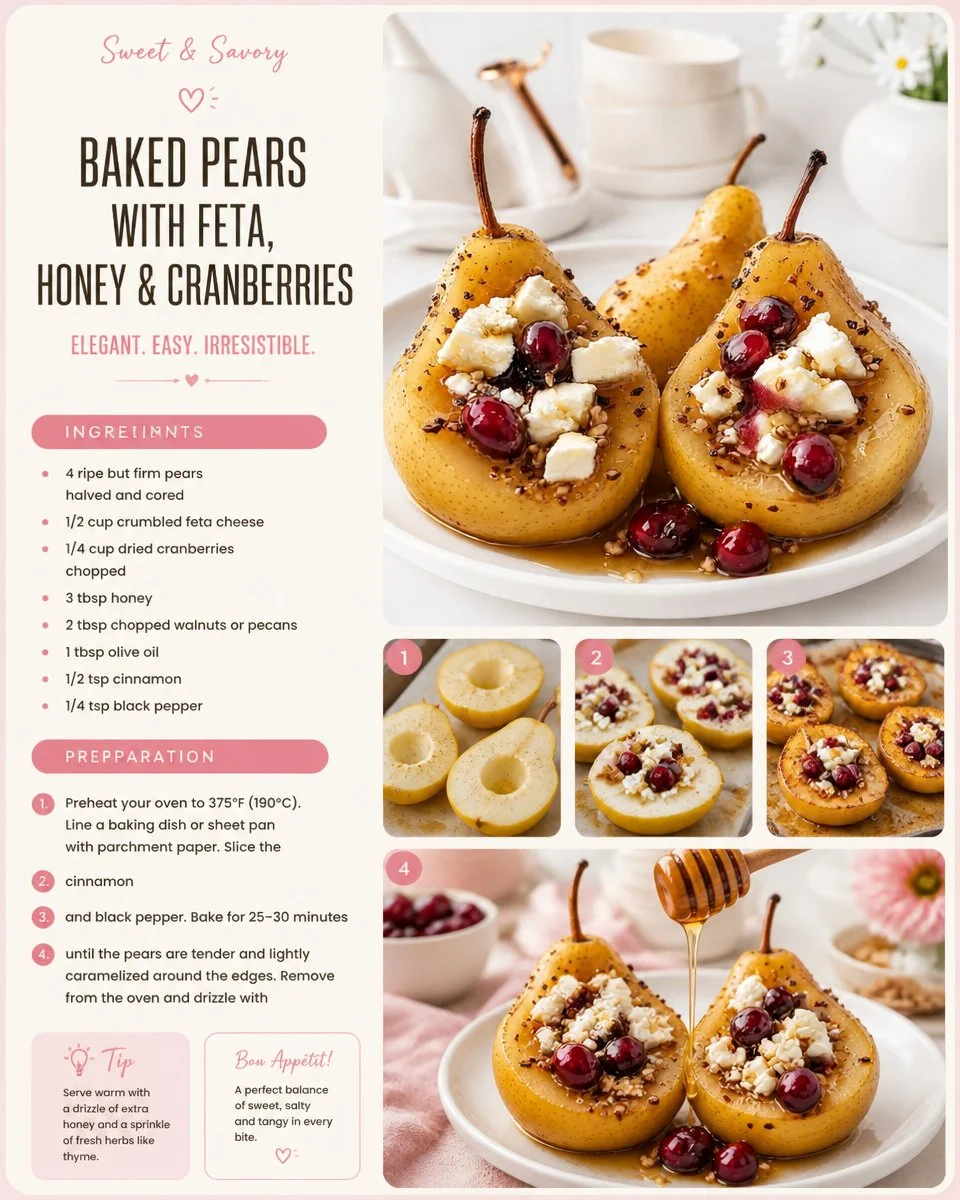 Baked Pears with Feta, Honey & Cranberries