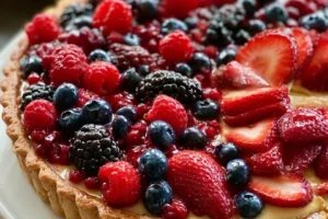 Bakery-style red berry tart with fresh strawberries and raspberries on a flaky crust