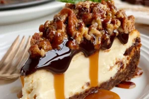 Delicious slice of bakery-style turtle cheesecake topped with caramel and pecans