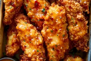 Plate of flavorful Bang Bang Chicken drizzled with spicy sauce.