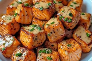 Bang Bang Salmon Bites served on a platter with dipping sauce