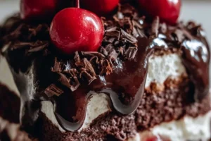 Delicious Black Forest Cheesecake with chocolate and cherries