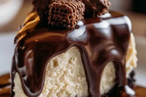 Boston Chocolate Cream Pie Cheesecake topped with chocolate ganache and whipped cream