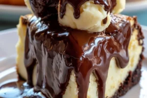 Boston Cream Pie Cheesecake topped with chocolate ganache and whipped cream