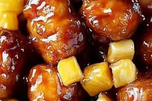 Brown Sugar Pineapple Chicken dish garnished with herbs and served with rice