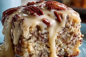 Delicious Butter Pecan Poke Cake topped with praline and pecans