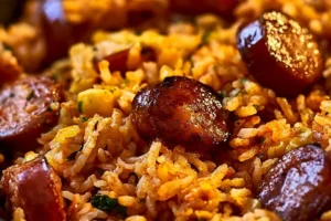 Delicious Cajun Sausage and Rice Skillet served in a cast-iron pan