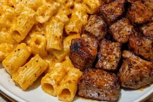 Cajun Steak Tips served with Parmesan Rigatoni on a plate