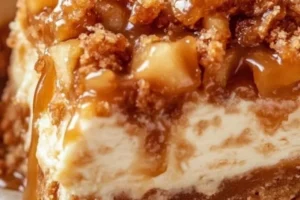 Delicious caramel apple cheesecake bars topped with caramel drizzle