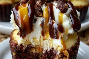 Caramel brownie bottom cheesecake cups topped with rich caramel drizzle