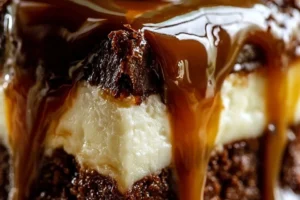 Delicious slice of Caramel Brownie Cheesecake topped with caramel drizzle.