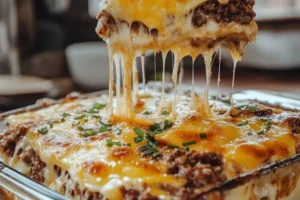 Delicious Cattle Drive Casserole serving in a rustic dish with fresh ingredients.