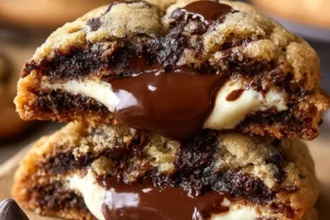 Cheesecake stuffed chocolate chip cookies, a delicious dessert treat.