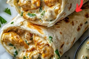 Cheesy garlic chicken wraps with fresh vegetables and melted cheese