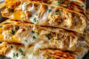 Cheesy garlic chicken wraps with fresh ingredients and melted cheese
