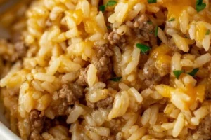 Cheesy Ground Beef and Rice Casserole in a baking dish