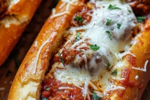 Cheesy meatball subs topped with melty cheese and fresh herbs
