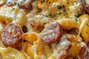 Cheesy ranch potatoes with smoked sausage served in a dish