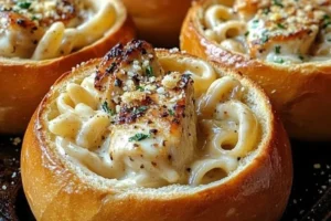 Chicken Alfredo Garlic Bread Bowls served with creamy sauce and fresh herbs