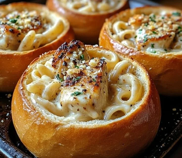 Chicken Alfredo Garlic Bread Bowls