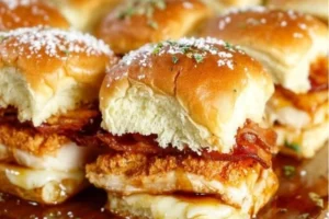 Chicken Bacon Ranch Sliders topped with crispy bacon and creamy ranch dressing