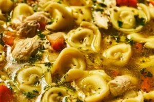 Bowl of Chicken Tortellini Soup with herbs and vegetables