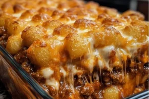 Delicious Chili Cheese Tater Tot Casserole topped with melted cheese and chili.