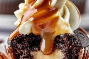 Decadent chocolate caramel cupcakes topped with creamy caramel frosting.