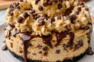 Chocolate chip cookie dough cheesecake topped with chocolate chips.