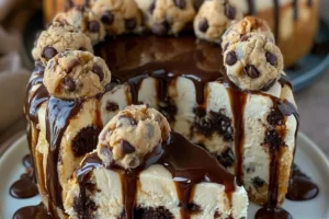 Decadent chocolate chip cookie dough cheesecake with cookie crumbs and chocolate sauce