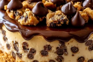 Delicious chocolate chip cookie dough cheesecake topped with cookie dough bites.