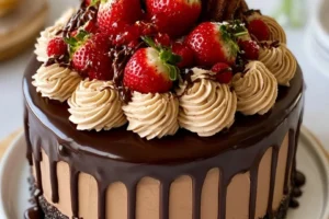 Decadent Chocolate Churro Strawberry Drip Cake topped with fresh strawberries