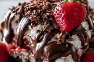 A delectable Chocolate Covered Strawberry Pie topped with fresh strawberries and chocolate glaze