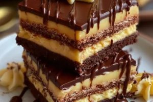 Decadent Chocolate Custard Cake Squares topped with smooth chocolate cream.