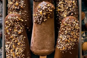Delicious chocolate ice cream pops on a wooden stick