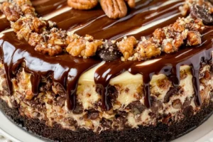 A slice of Chocolate Pecan Turtle Cheesecake topped with chocolate and pecans