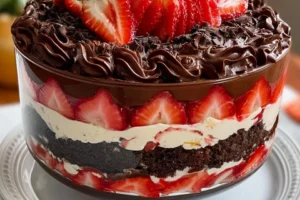 Decadent Chocolate Strawberry Trifle with layers of chocolate and fresh strawberries