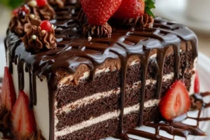 Chocolate Strawberry Web Elegance Cake topped with fresh strawberries and chocolate drizzle