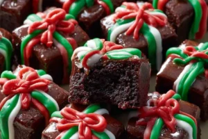 Delicious Christmas Present Brownies decorated for the holiday season