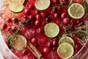 Festive Christmas Punch served in glasses with fresh fruit and decorations