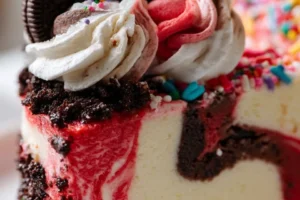 Christmas Red Velvet Cheesecake with cream cheese frosting