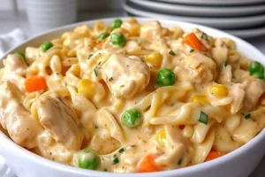 Classic chicken pot pie pasta served in a bowl with herbs