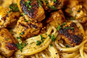 Cowboy Butter Chicken Linguine topped with fresh herbs and spices.
