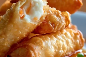 Crispy Crab Rangoon Egg Rolls served with dipping sauce on a plate.