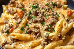 Delicious creamy beef pasta served in a bowl with herbs.
