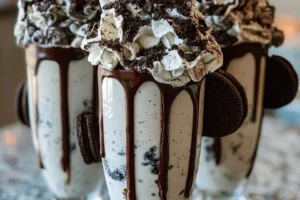 Creamy Oreo milkshake topped with crushed Oreos and whipped cream